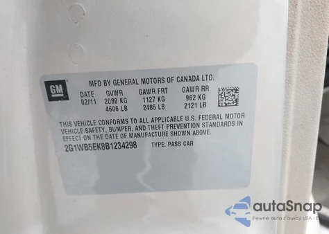 2011 Chevrolet Impala Lt z USA, uszkodzony, nr VIN 2G1WB5EK8B1234298